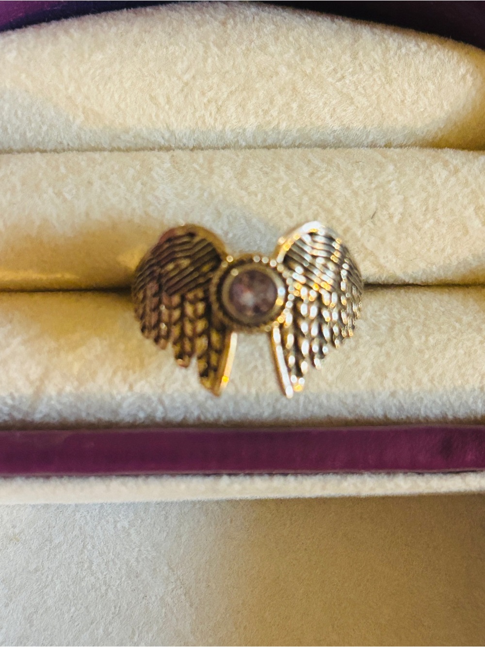 Gold 925 Stamped Winged Heart Ring with Amethyst   - Women Jewelry Size 9